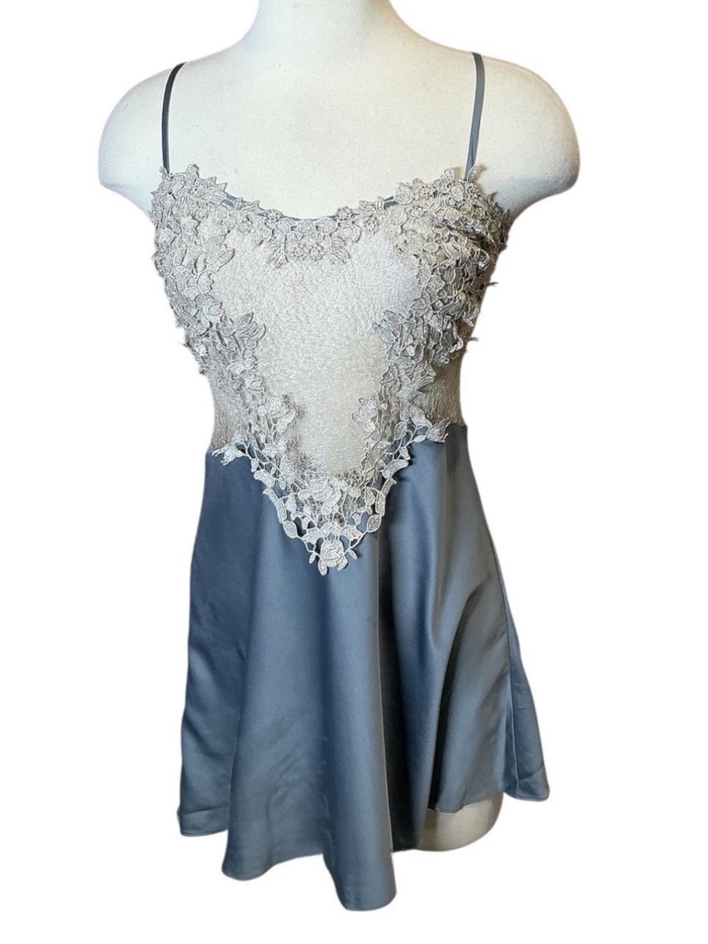 Flora Nikrooz Lace Appliqué Satin Cami Top in slate Blue with Silver lace size M
